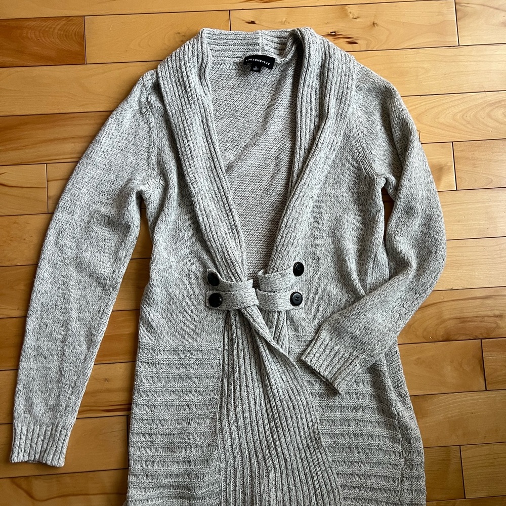 Fortune + Ivy Shawl Collar Button Cardigan Light Gray Marled Knit – Size M